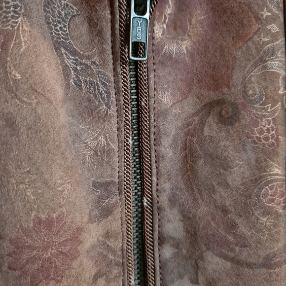 80s VINTAGE LEATHER JACKET Size 8-14 shoulder pads tan floral - Picture 13 of 14